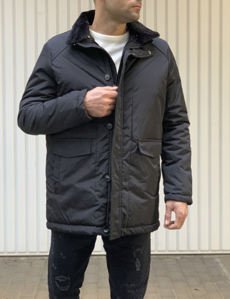 Ανδρικό μαύρο μπουφάν με αποσπώμενο γιακά και κουμπιά 444 φωτογραφία